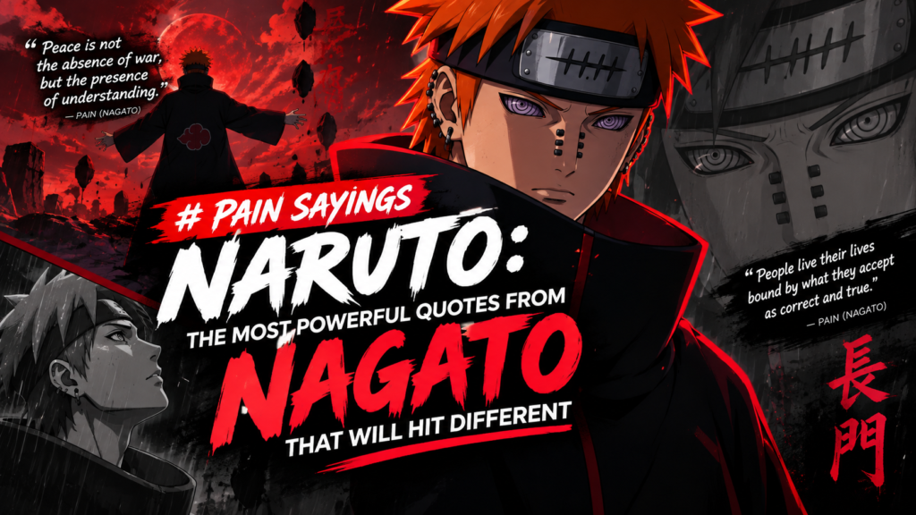 Pain (Nagato) from Naruto with Rinnegan eyes, featuring powerful Pain sayings and quotes in a dramatic red and black anime-themed design.