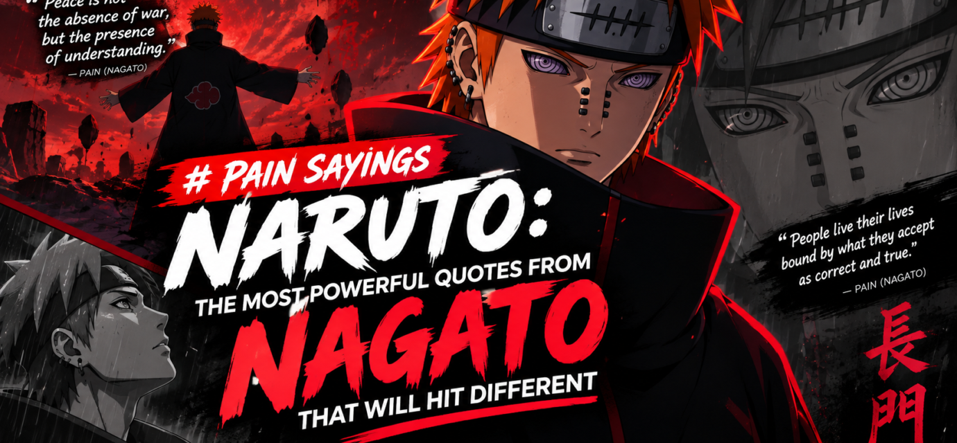 Pain (Nagato) from Naruto with Rinnegan eyes, featuring powerful Pain sayings and quotes in a dramatic red and black anime-themed design.
