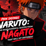 Pain (Nagato) from Naruto with Rinnegan eyes, featuring powerful Pain sayings and quotes in a dramatic red and black anime-themed design.