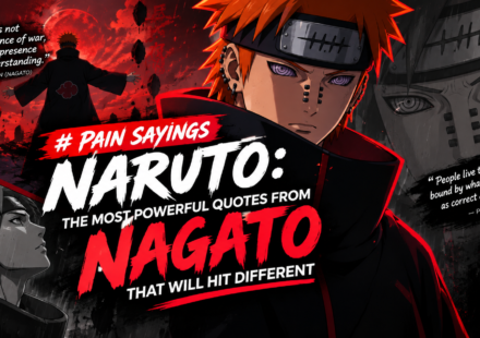 Pain (Nagato) from Naruto with Rinnegan eyes, featuring powerful Pain sayings and quotes in a dramatic red and black anime-themed design.