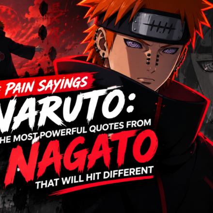 Pain (Nagato) from Naruto with Rinnegan eyes, featuring powerful Pain sayings and quotes in a dramatic red and black anime-themed design.